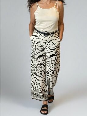 Wide Leg Black & Cream Abstract Print Palazzo Pants by Rachel Zoe Size M EUC